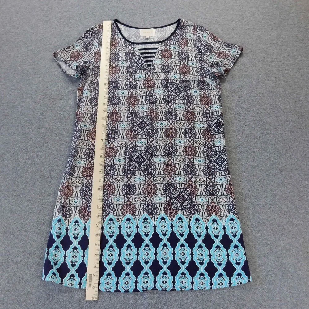 Skies Are Blue Dress Medium Colorful Aztec Print Boho Hippie VNeck Short Sleeve - Picture 5 of 9